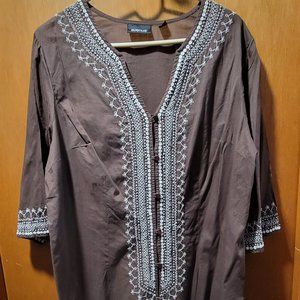 Avenue Brown Button Up Long Tunic with Cream Trim Size 14/16